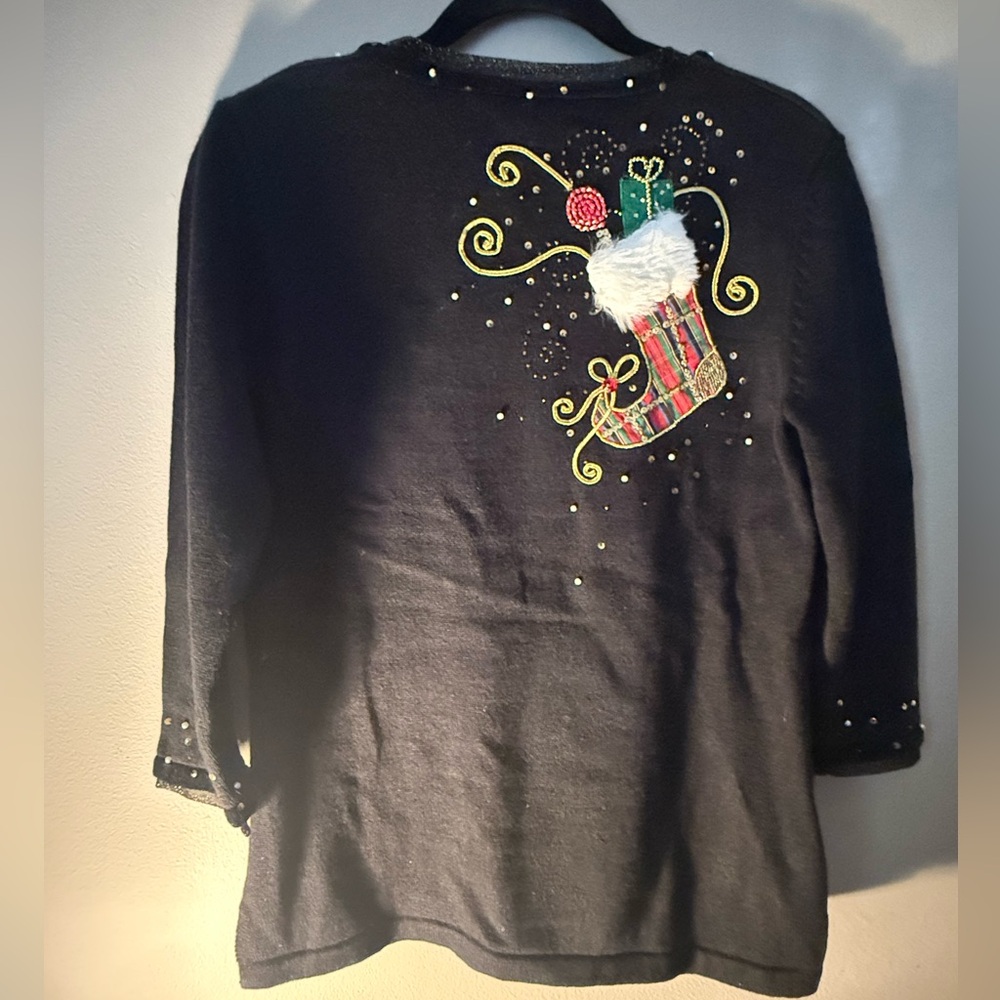 Collective Works of Berek 2 Festive Black Holiday Sweater w/ Embellishments - M - Picture 2 of 11